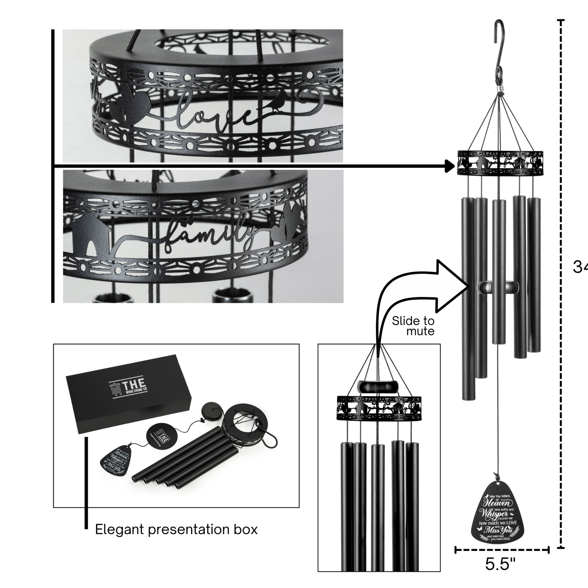 34" Family-Love Memorial Wind Chimes, Thoughtful Gift For Special Occasions or Reflections.