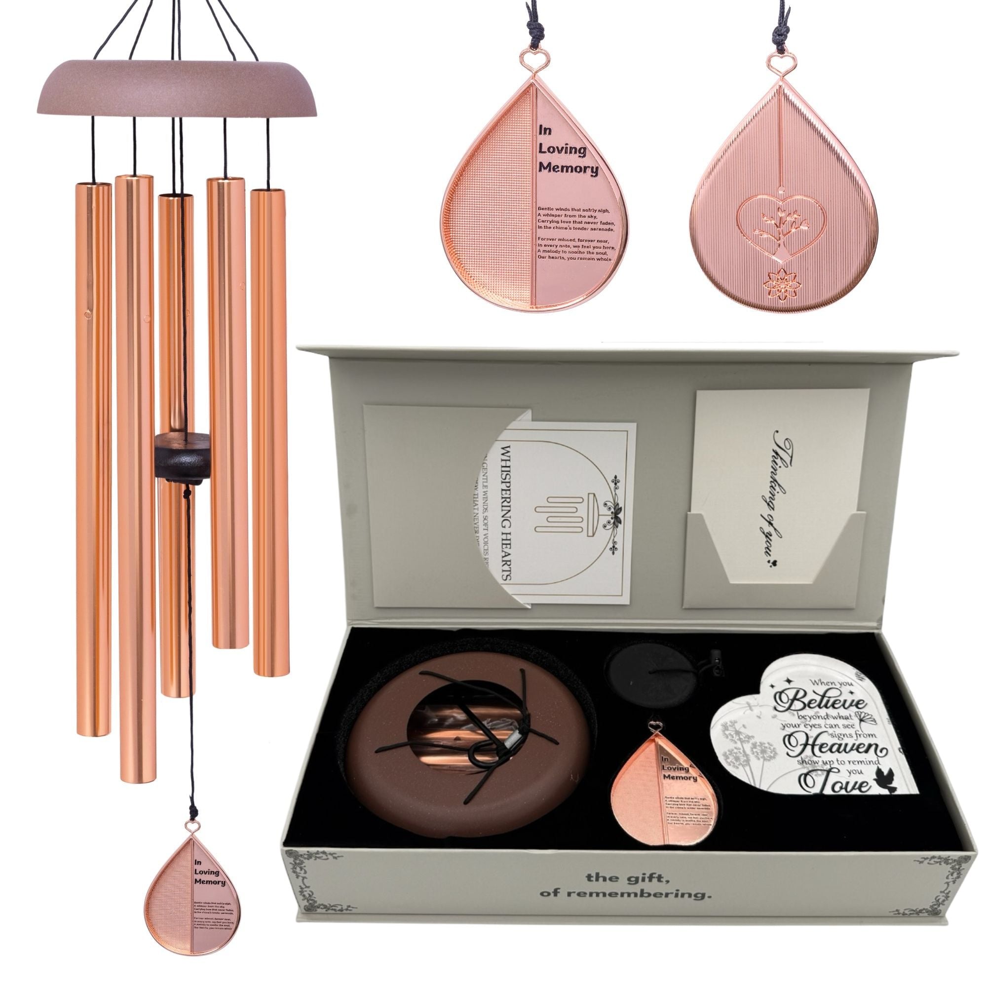 Gift Bundle - Memorial Wind Chimes – Whispering Hearts™ Collection – Rose Gold - Memorial Heart Included 28”